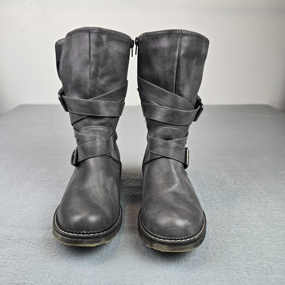 Women's Gray Moto Boots Size 8 Mid Calf Buckle Strap Zip Faux Leather Plaid Line